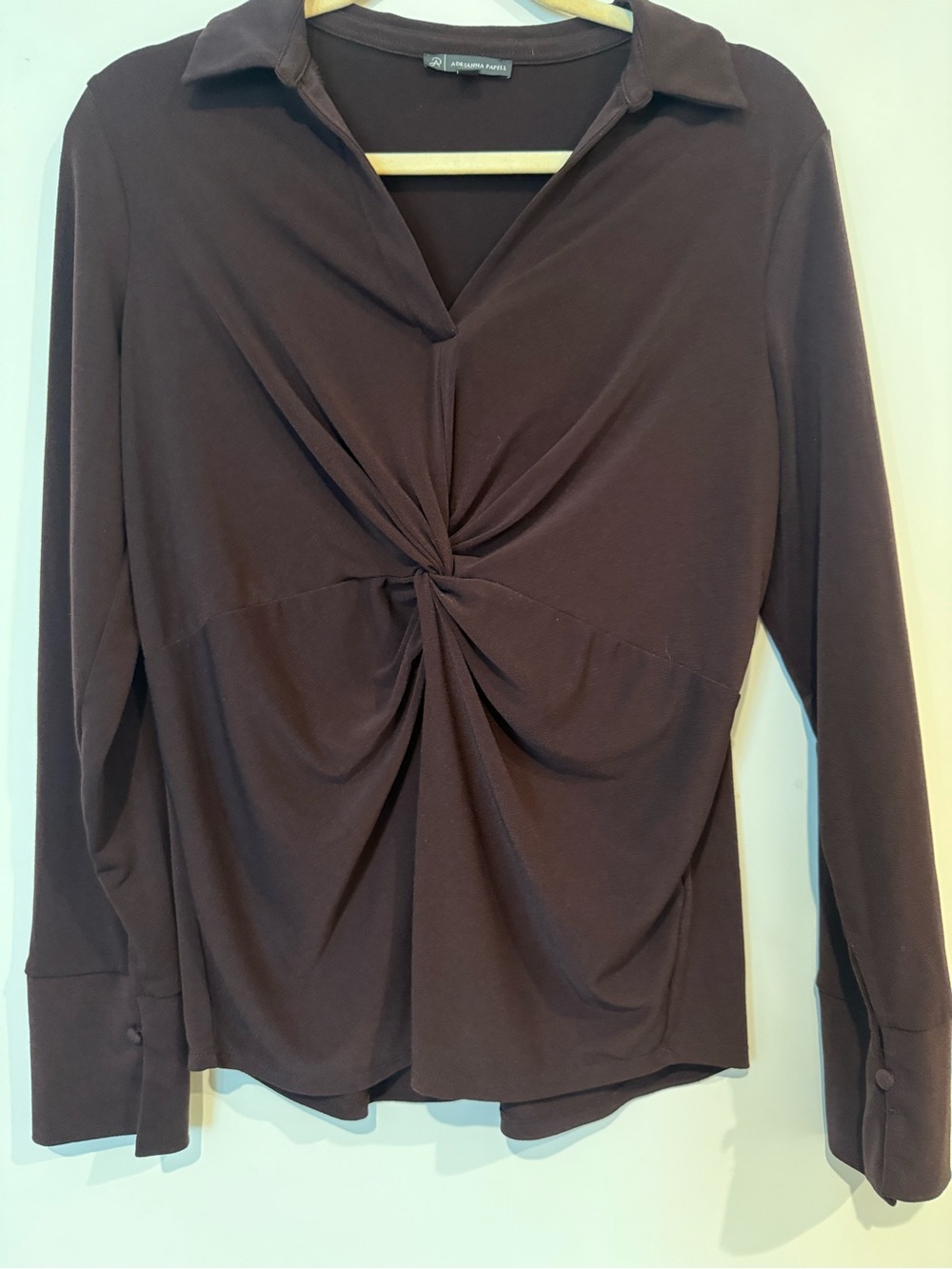 Adrianna Papell Brown Twist-Front Long Sleeve Button Down Top